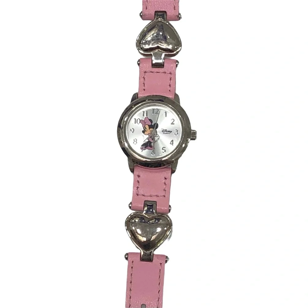 DISNEY MINNIE MOUSE WATCH WITH PINK LEATHER & SILVER METAL HEARTS BAND